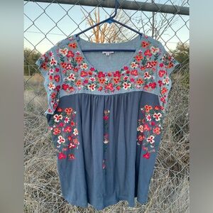 Embroidered Blue Chambray Flutter-Sleeve Peasant Blouse NWOT